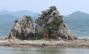海岸の岩場と鳥居