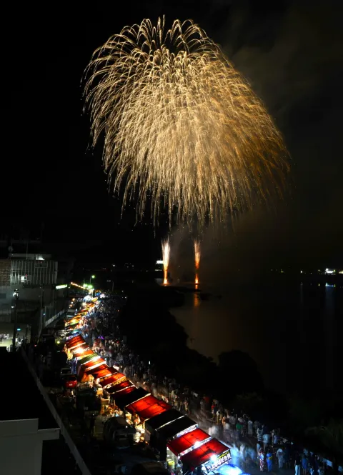 夜空に広がる花火と観覧風景