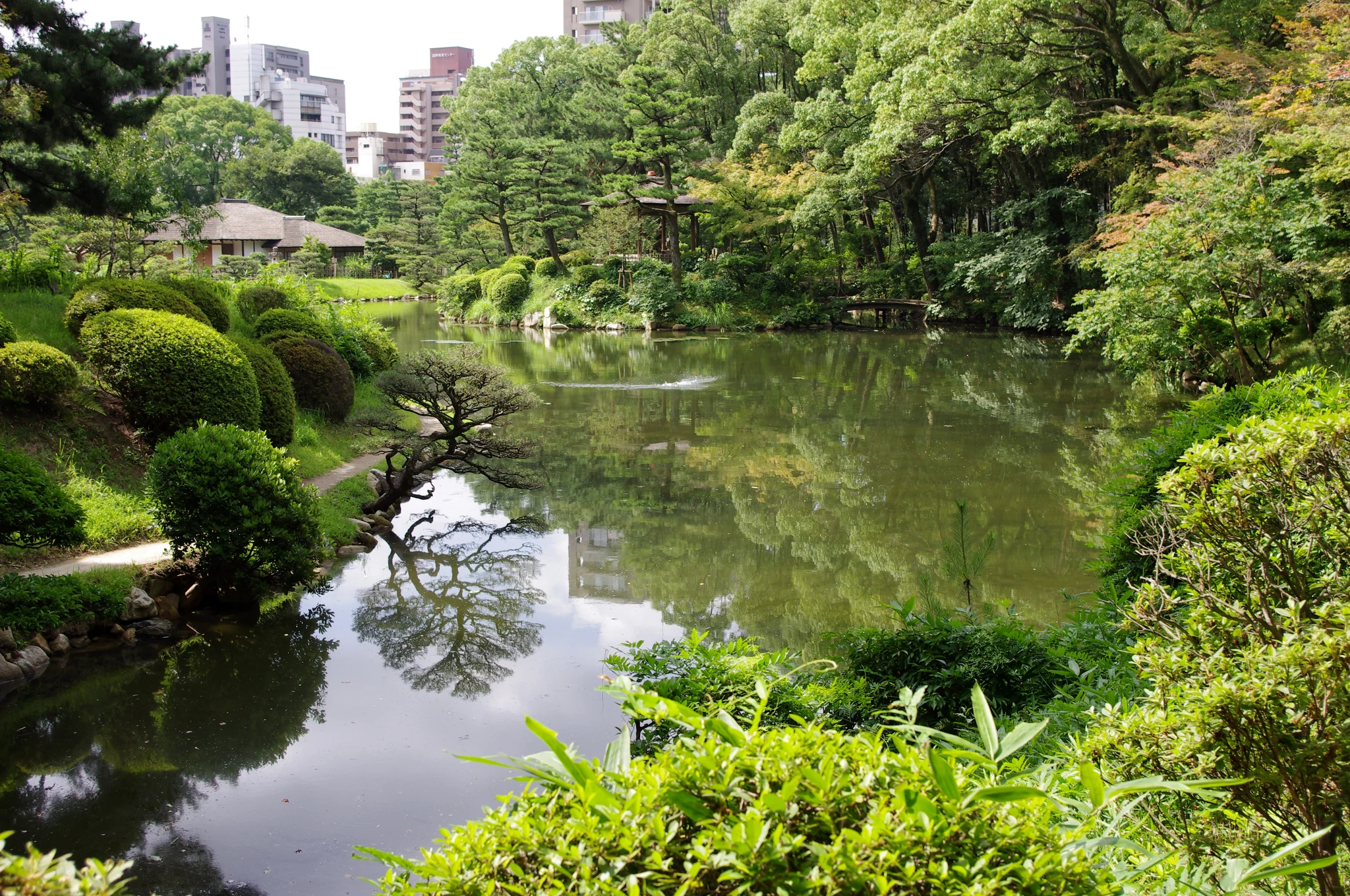 Tranquil pond, arched stone bridge, and historic Seifukan tea house in Shukkeien garden Hiroshima