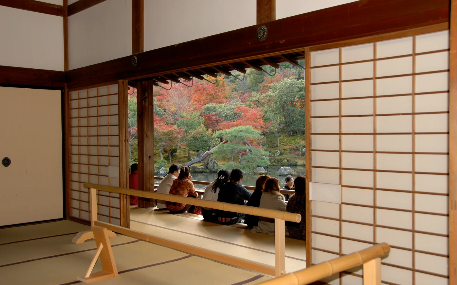 Tranquil Kyoto Zen temple pavilion and Sogenchi pond garden at Tenryu-ji in Arashiyama Kyoto