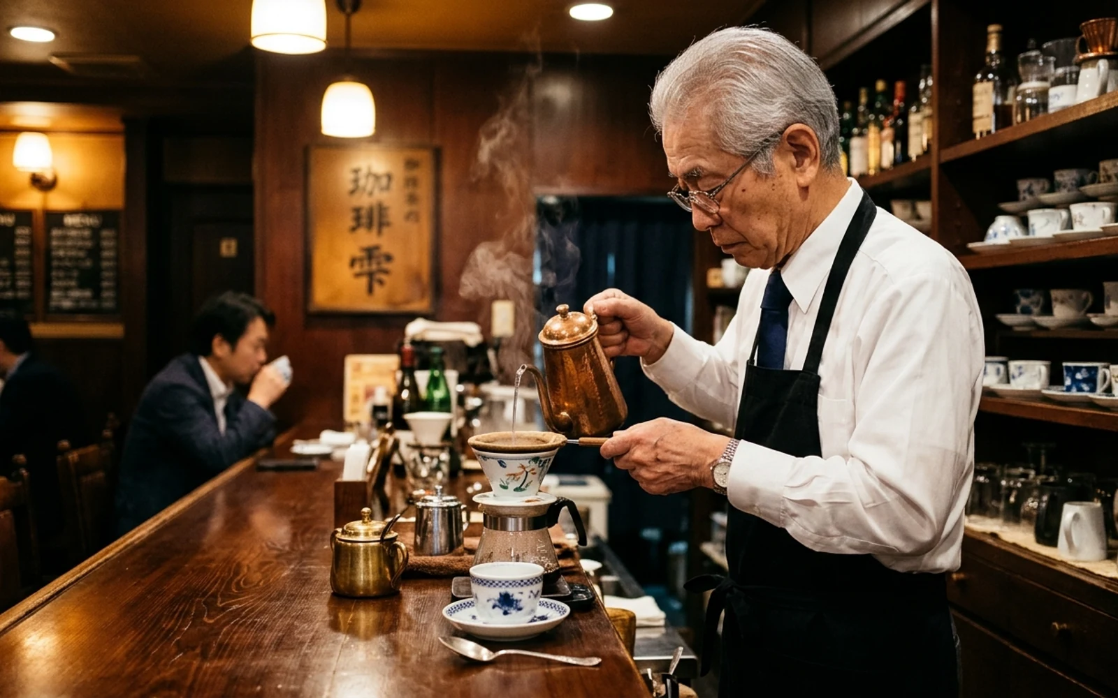 Master barista brewing nel drip coffee at a polished dark wood counter in an intimate Tokyo kissaten at twilight