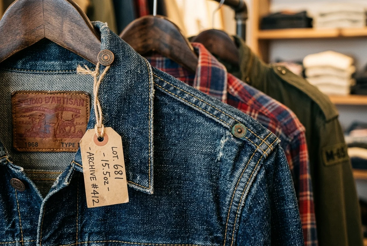 Macro close-up of vintage Japanese selvedge denim texture, copper rivets, and handwritten inspection tag