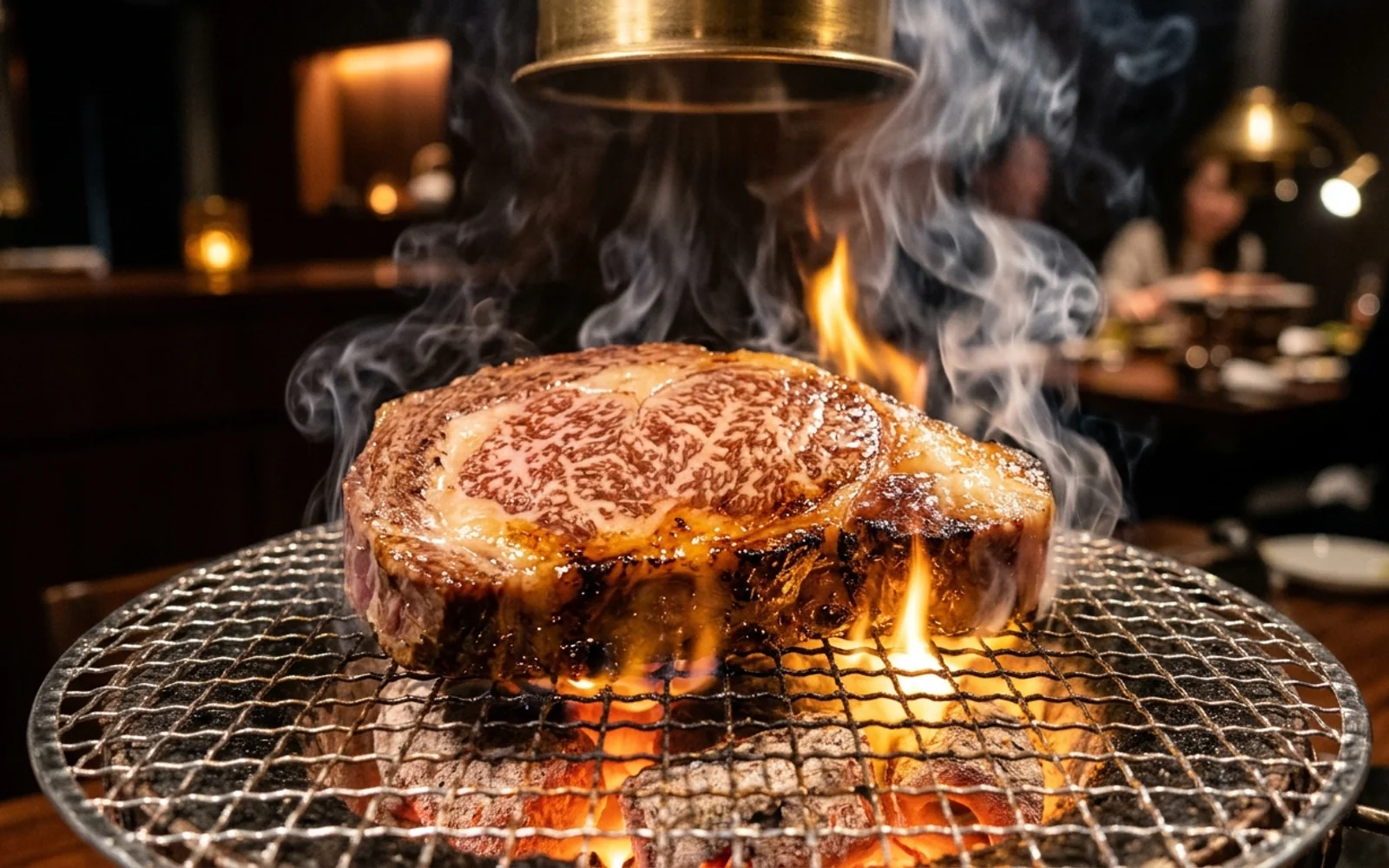 Master Wagyu steak searing over glowing Kishu Binchotan charcoal wire grill with smoke swirls