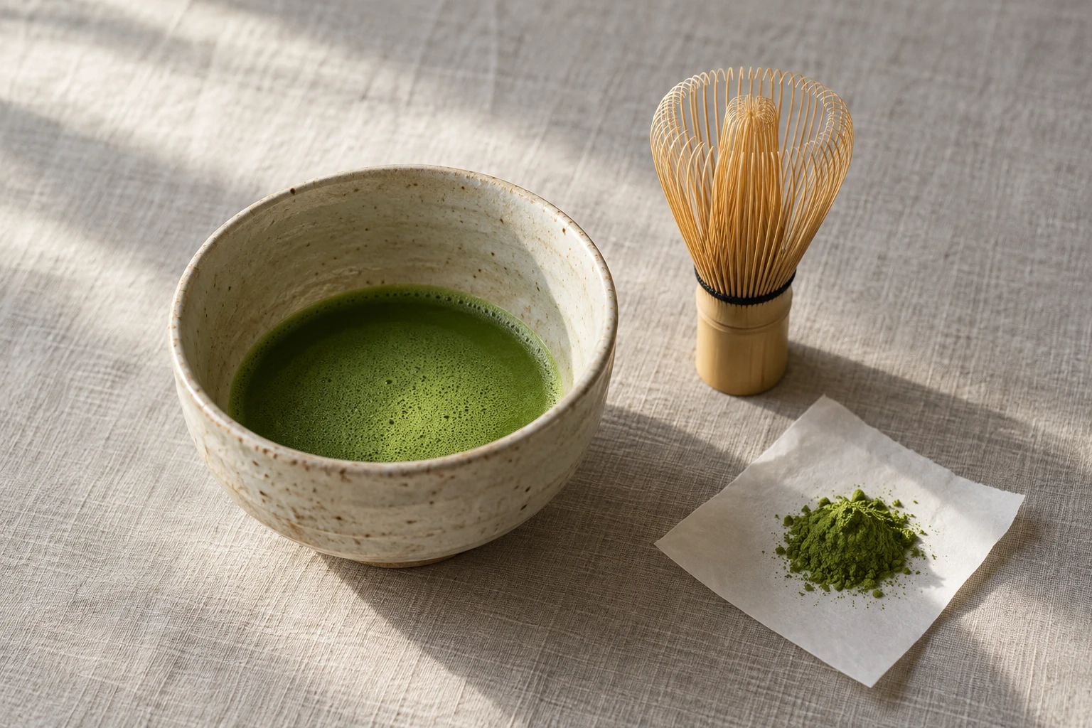 淺色亞麻布上的綠色抹茶茶碗、竹製茶筅與散落的茶粉；AI 生成靜物影像