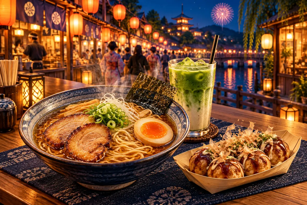ラーメン、たこ焼き、抹茶ラテを手前に、提灯と屋台が並ぶ夜のお祭りを描いたAIイラスト